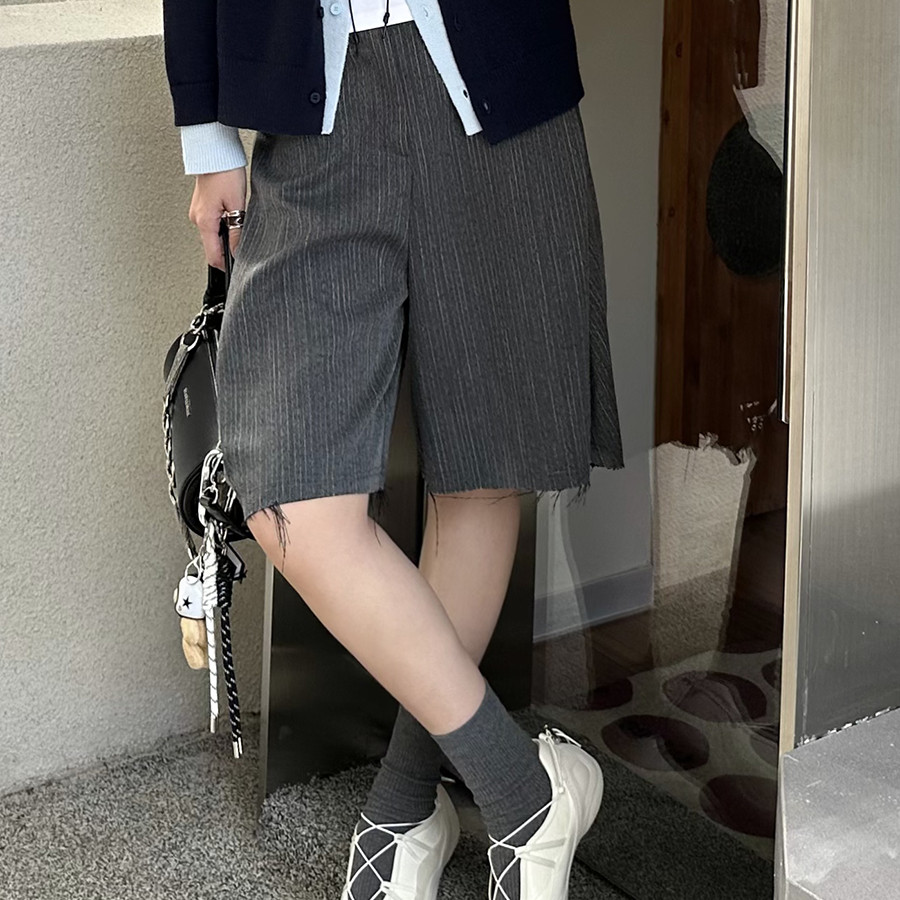 【现货】小众个性西装高腰中裤七分裤阔腿裤休闲裤女裤细条纹