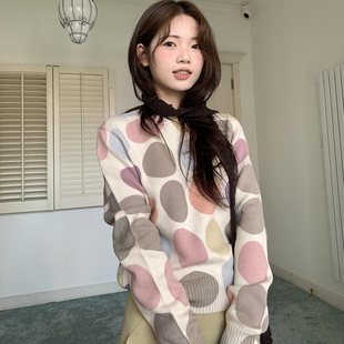 韩系复古文艺圆领彩色圆点印花套头针织毛衣 现货