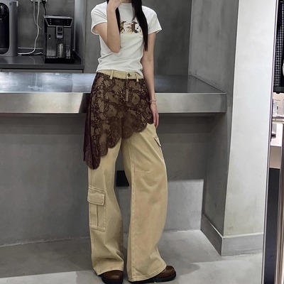 【现货】蕾丝拼接牛仔裤女2025新款古巴恩风工装休闲卡其直筒裤