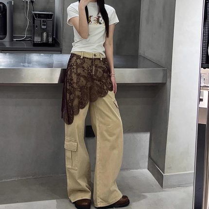 【现货】蕾丝拼接牛仔裤女2025新款古巴恩风工装休闲卡其直筒裤