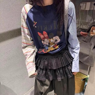 「现货」圆领字母卡通图案插肩袖拼色T恤上衣女春秋新款拼接