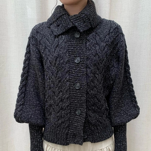 复古加厚短款 黑色高领斗篷毛衣女秋冬开衫 杂点粗支毛衫 现货
