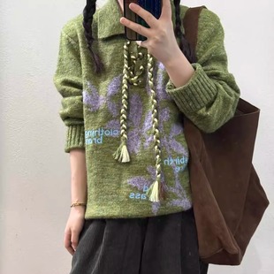 新款 编织提花套头刺绣宽松毛衣女秋装 麻油叶 百搭翻领 现货