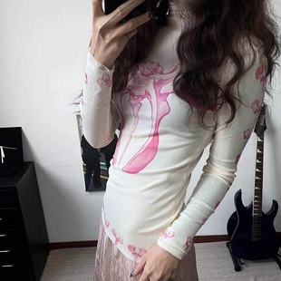 「正确版」唐人街弹力内搭小众辣妹印花打底白色针织T恤女