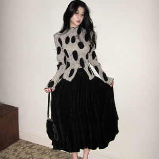 「现货」「晚舟」小众设计褶皱波点印花长袖 上衣女早秋 T恤修身