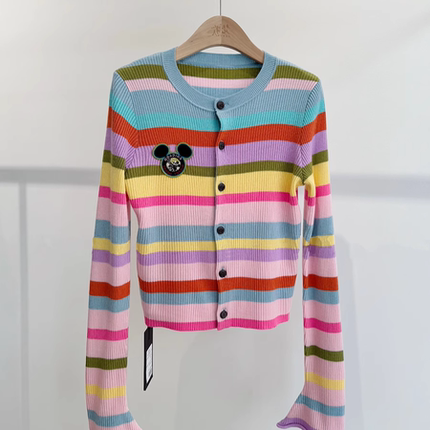 【现货】拼色百搭显瘦2025新款彩色条纹针织开衫修身毛衣上衣