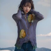 「现货」小众设计长袖 微透褶皱亲肤不规则压褶原创印花天丝上衣