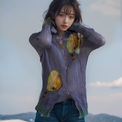 「现货」小众设计长袖微透褶皱亲肤不规则压褶原创印花天丝上衣