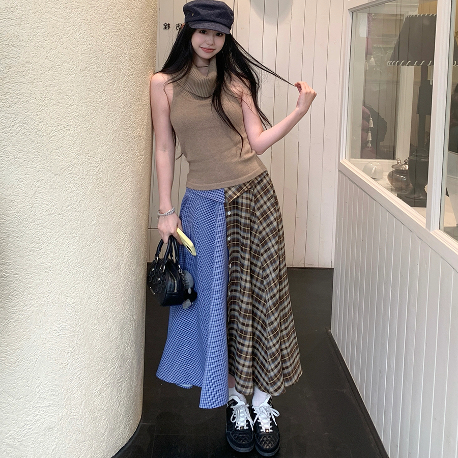 「现货」太会穿了jennie同款复古夹棉皮衣衬衫式格纹拼接半身裙