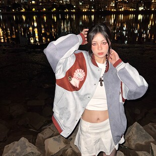 狮子刺绣植绒美式 棒球服女2025春秋新款 复古拼色夹克潮 现货