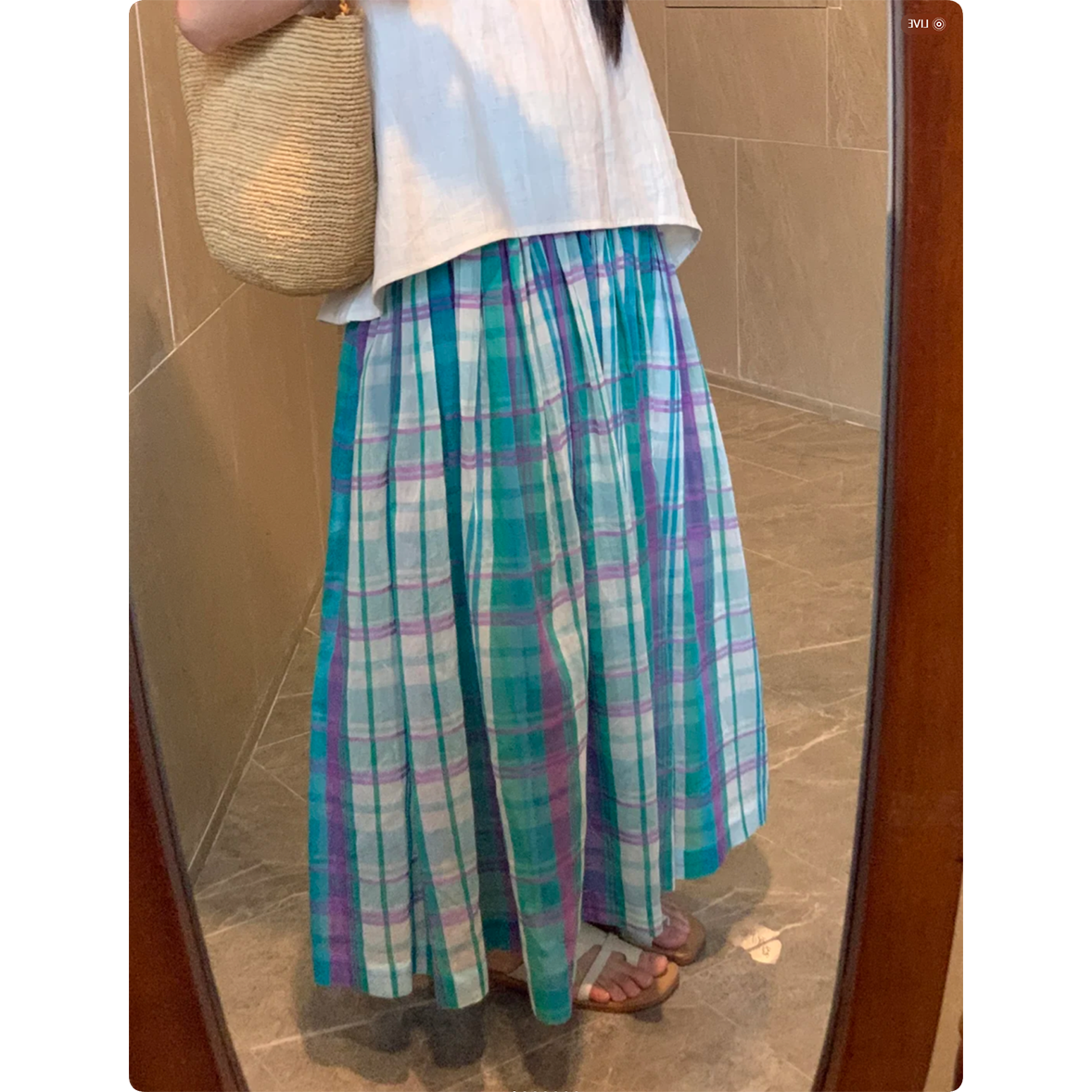 【现货】巨好看的垂坠感松紧腰亚麻蓝色高腰格纹半身裙子女夏季