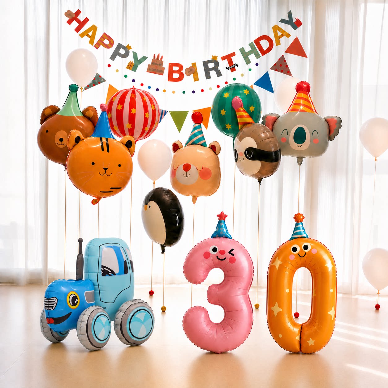 儿童生日派对装饰卡通动物气球4D条纹红绿布置星星马戏团主图场景
