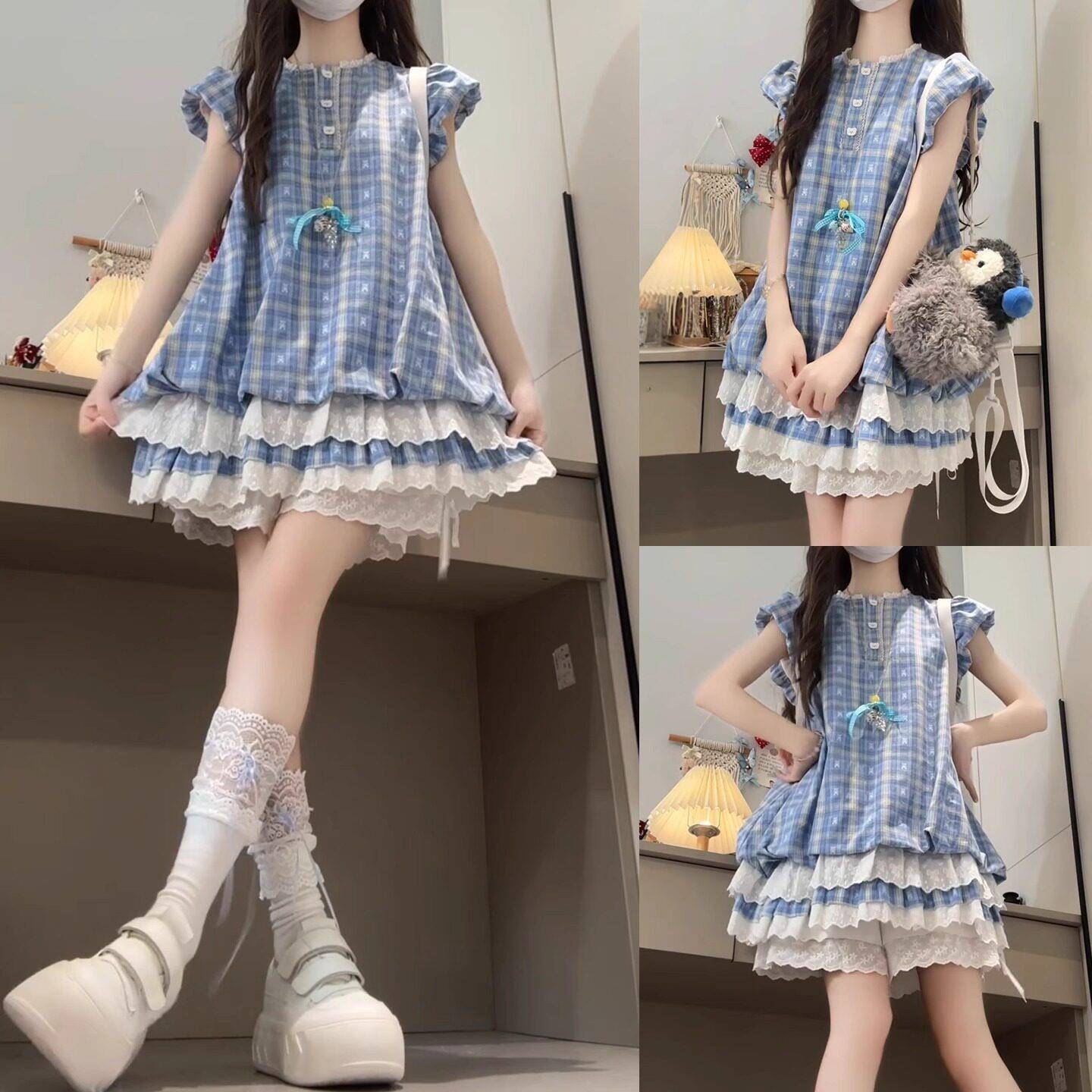 童夏装洋装套装2025女款KSJPTZ24新女孩泡泡袖大蛋糕裙花边内搭裤