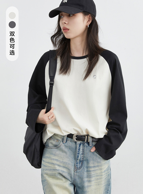 CV大码女装 春季新款撞色插肩袖T恤雪花棉休闲长袖打底衫女胖妹mm