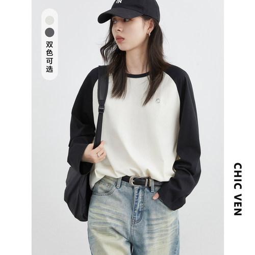 CV大码女装 春季新款撞色插肩袖T恤雪花棉休闲长袖打底衫女胖妹mm