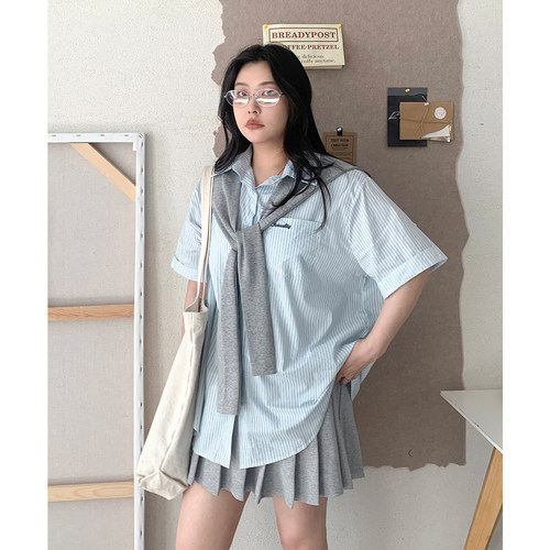 大码女装夏新款短袖衬衫半身套装