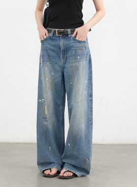 CV大码女装2026夏季新款复古高腰直筒阔腿裤泼墨油漆牛仔裤女胖mm