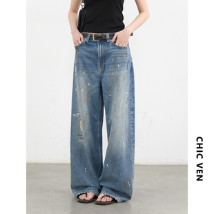 女装 新款 CV大码 2025夏季 女胖mm 复古高腰直筒阔腿裤 泼墨油漆牛仔裤