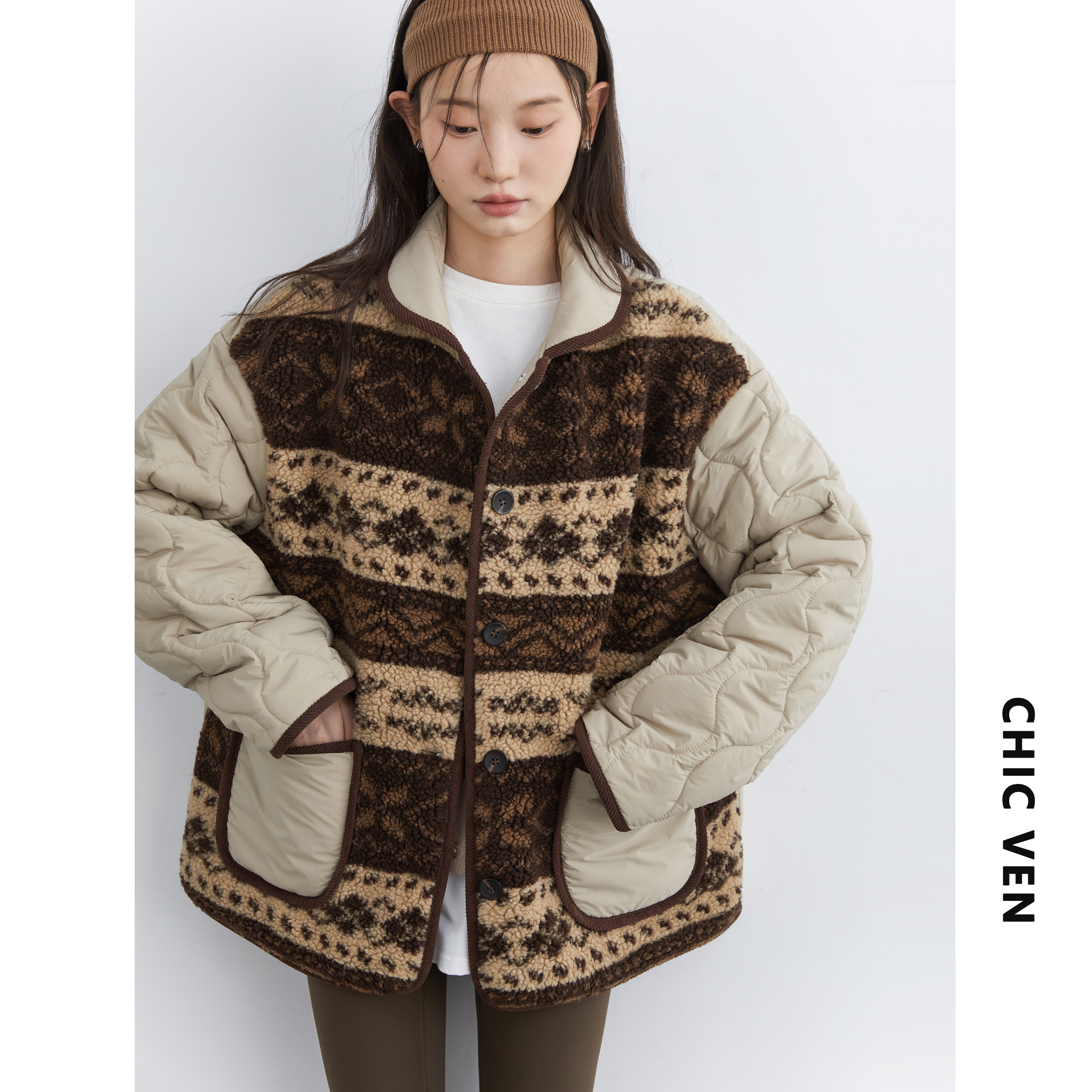 复古费尔岛毛绒拼接夹棉棉服女