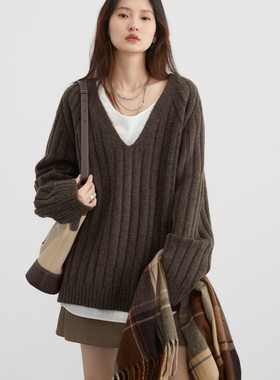 CV大码女装 冬新款高级感软糯V领粗坑条毛衣马海毛针织衫微胖穿搭