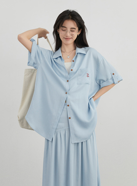 CV大码女装 夏季新款莱赛尔垂感套装短袖衬衫A字碎褶半身裙女胖mm