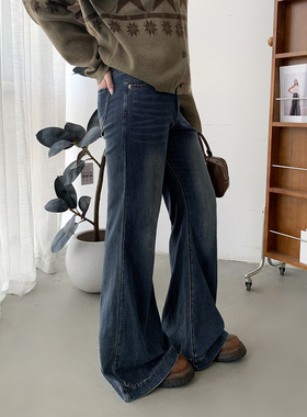 CV大码女装 初冬新款高腰微喇水洗猫须磨白显瘦牛仔裤宽松长裤女