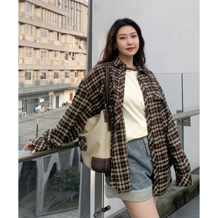 新款 春季 美式 复古格纹衬衫 宽松衬衣胖MM CV大码 外套bf风长袖 女装