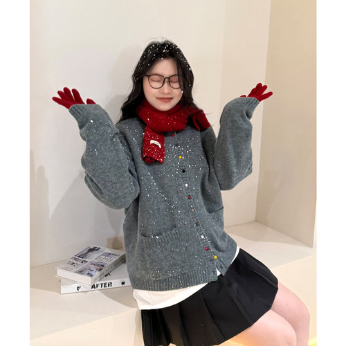 CV大码女装 冬季新款圆领彩色糖果纽扣针织开衫慵懒毛衣外套胖MM