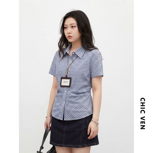 短袖学院风收腰纯棉格纹衬衫女