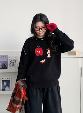 CV大码女装秋冬新款荃棉圆领苹果刺绣套头毛衣保暖针织衫上衣胖mm