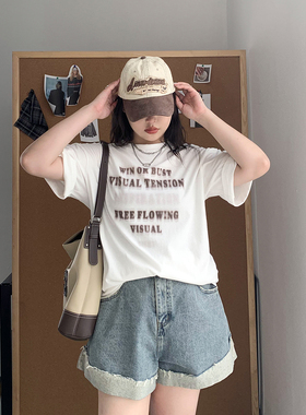 CV大码女装 夏季新款仿麻模糊感字母印花T恤百搭短袖上衣微胖穿搭