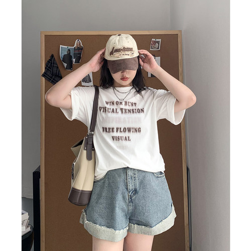 CV大码女装 夏季新款仿麻模糊感字母印花T恤百搭短袖上衣微胖穿搭