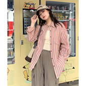 复古撞色翻领竖条纹衬衫 CV大码 新款 春季 上衣宽松衬衣女胖mm 女装