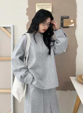 CV大码女装 春季新款慵懒感纯色圆领长袖卫衣开叉半身裙套装胖MM