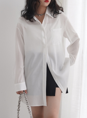 CV大码女装 抗菌透气亲肤光感宽松长袖衬衫女chic衬衣中长款夏季