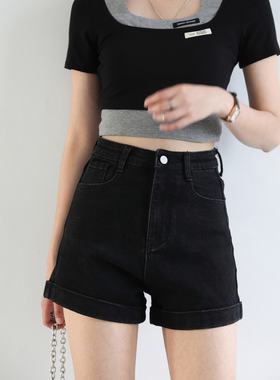 CV大码女装 入店bi败百搭复古高腰翻边纯色A字牛仔短裤女chic夏季