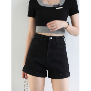 女chic夏季 入店bi败百搭复古高腰翻边纯色A字牛仔短裤 女装 CV大码