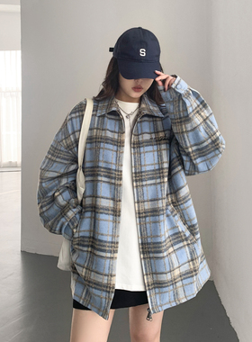 CV大码女装 秋款翻领字母刺绣格子羊毛拉链夹克毛呢外套胖MM显瘦