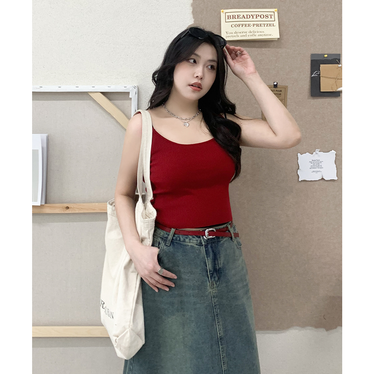 CV大码女装 春季新款方领针织美背吊带背心修身内搭打底上衣胖MM