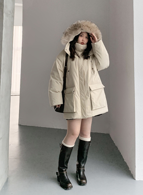 CV大码女装 户外休闲工装貉子毛领羽绒服加厚派克外套冬胖MM显瘦