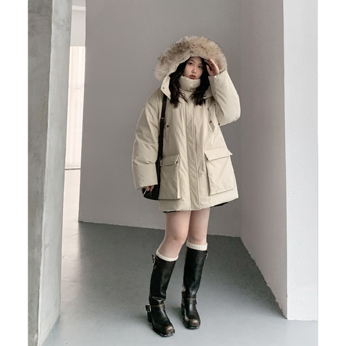 CV大码女装 户外休闲工装貉子毛领羽绒服加厚派克外套冬胖MM显瘦