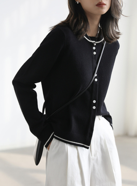 CV大码女装 复古撞色气质chic圆领针织开衫女毛衣短外套秋季新款