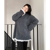 女装 针织衫 冬季 简约V领蕾丝花边拼接毛衣中长款 胖MM女 新款 CV大码