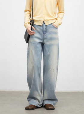 CV大码女装春新款复古水洗牛仔裤直筒破洞长裤猫须做旧拖地裤胖mm