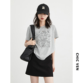 女装 2026夏季 新款 CV大码 韩系圆领短袖 印花T恤凉感正肩显瘦上衣女