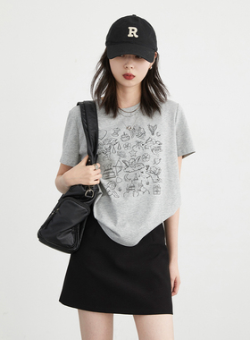 CV大码女装 2026夏季新款韩系圆领短袖印花T恤凉感正肩显瘦上衣女