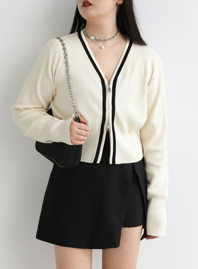 CV大码女装 早秋气质V领撞色双拉链长袖针织开衫短款外套女秋新款