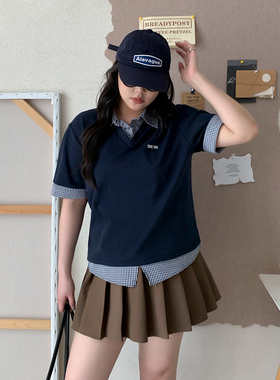 CV大码女装夏季新款miu系假两件撞色格子短袖T恤拼接polo衫女胖mm