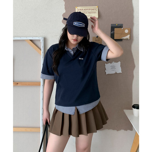 大码女装新款miu系假两件POLO衫