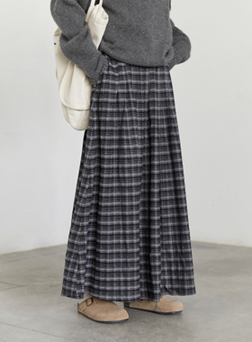 CV大码女装 春季新款复古格子半身裙宽松大摆A字百褶长裙胖MM穿搭